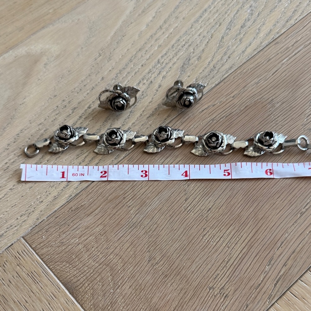 Silver Rose Bracelet and Earring Set w/ Rhinestones